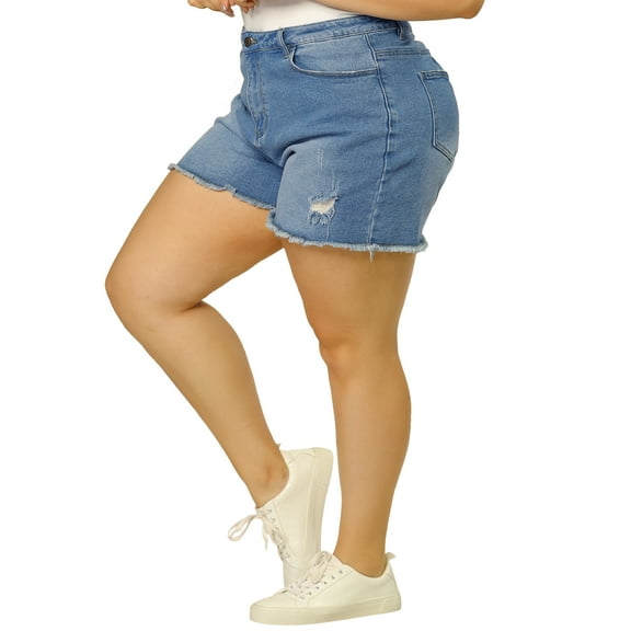 Agnes Orinda Women's Plus Size Ripped Raw Hem High Waist Denim Jean Short Light Blue 2X