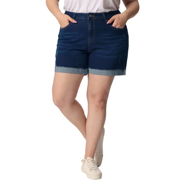 Agnes Orinda Women's Plus Size Roll Hem Mid Rise Stretchy Denim Shorts 2X Blue