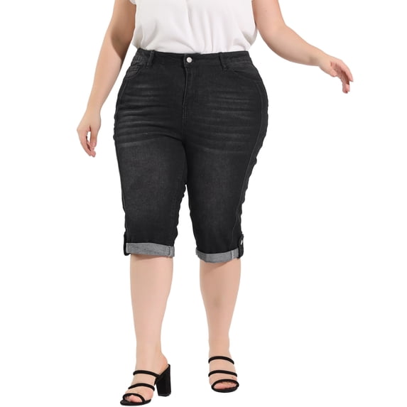 FAB CURVES Women's Plus Size Capri Jeans Ripped Casual Chambray Denim Jean 2X Black