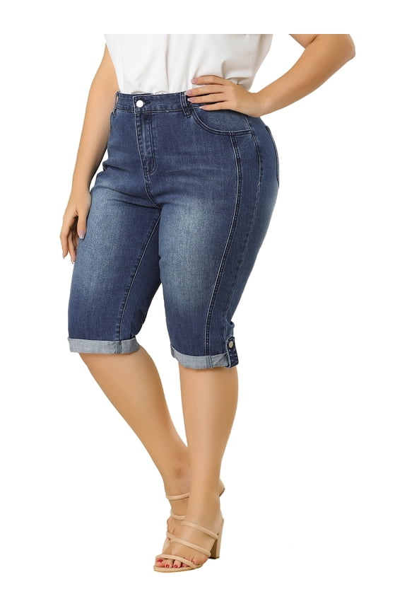 Women's Plus Size Capri Jeans Ripped Casual Chambray Denim Jean 1X Blue