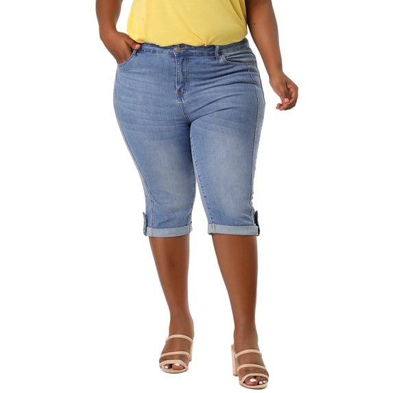 FAB CURVES Women's Plus Size Capri Jeans Ripped Casual Chambray Denim Jean 4X Light Blue