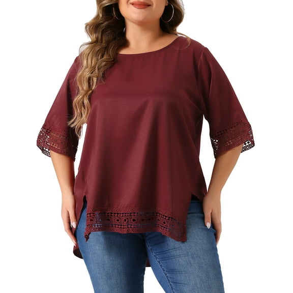 Agnes Orinda Women's Plus Size Tops Round Neck Lace Crochet Short Sleeve Shirts Casual Blouses 2X Burgundy