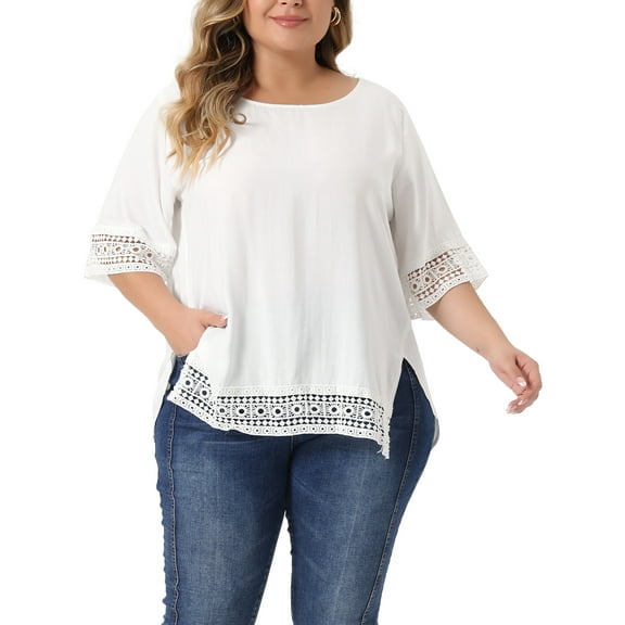 Agnes Orinda Women's Plus Size Tops Round Neck Lace Crochet Short Sleeve Shirts Casual Blouses 2X White