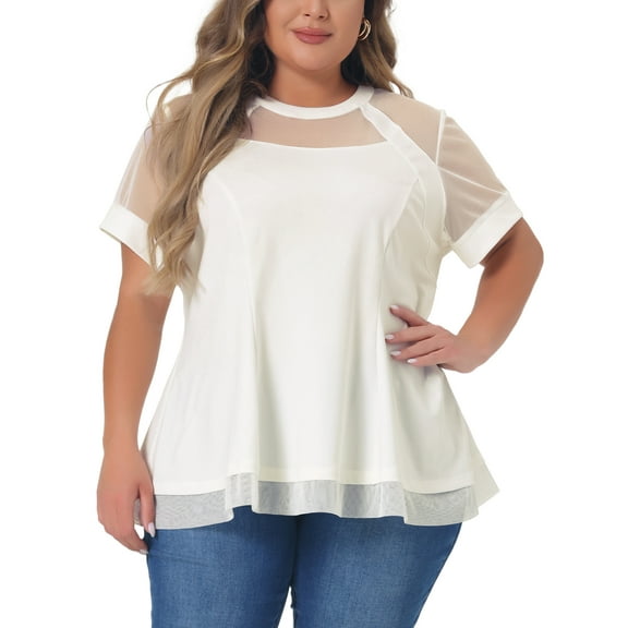 Agnes Orinda Women's Plus Size Round Neck Peplum Short Sleeve Mesh Sheer Summer Tops 1X White