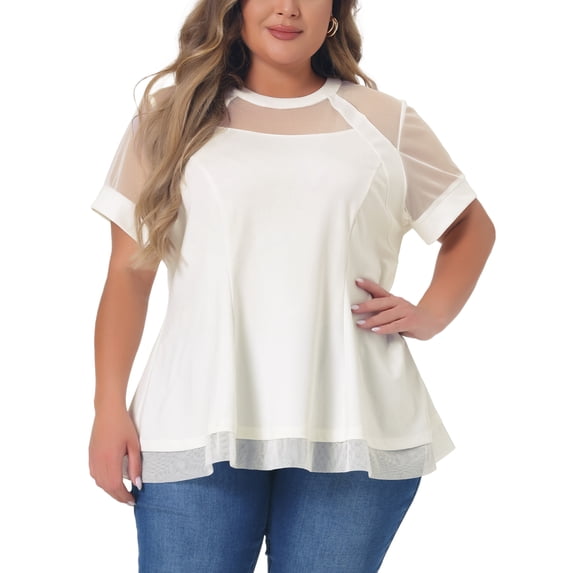 Agnes Orinda Women's Plus Size Round Neck Peplum Short Sleeve Mesh Sheer Summer Tops 2X White