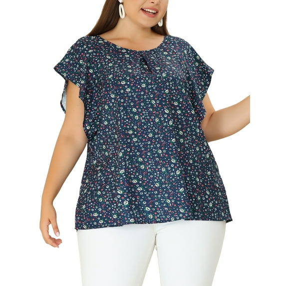 Agnes Orinda Women's Plus Size Round Neck Ruffled Short Sleeve Chiffon Blouse 3X Navy Blue