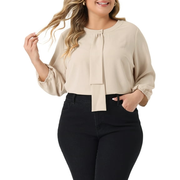 Agnes Orinda Women's Plus Size Round Neck Tie Front Ruffle Chiffon Work Blouses 3X Apricot