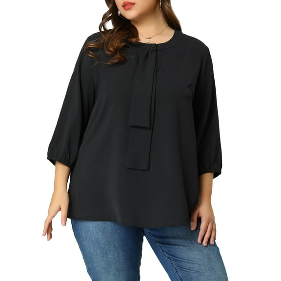Agnes Orinda Women's Plus Size Round Neck Tie Front Ruffle Chiffon Work Blouses 4X Black