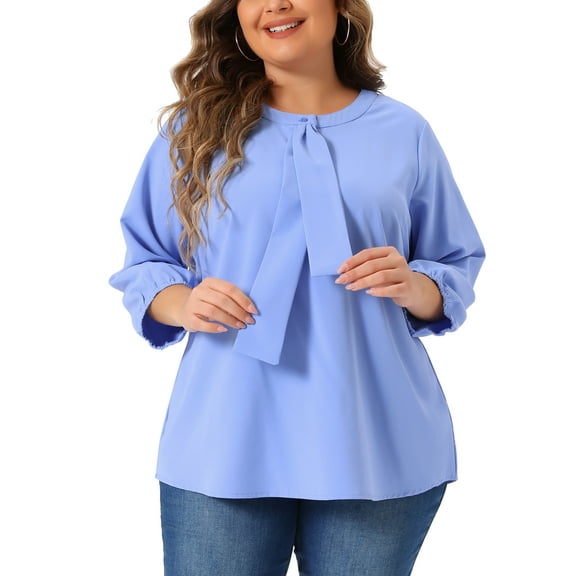 Agnes Orinda Women's Plus Size Round Neck Tie Front Ruffle Chiffon Work Blouses 4X Light Blue