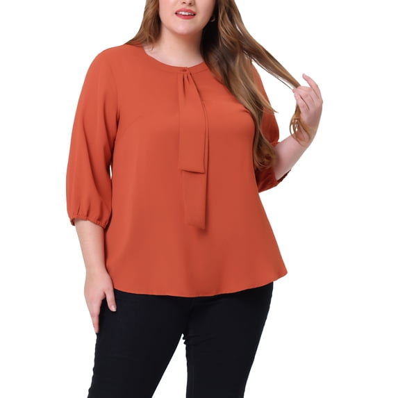 Agnes Orinda Women's Plus Size Round Neck Tie Front Ruffle Chiffon Work ...
