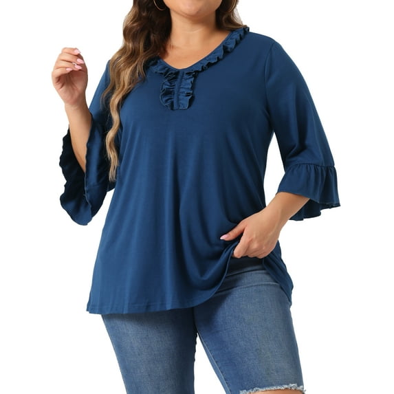 Agnes Orinda Women's Plus Size Ruffle 3/4 Sleeve V Neck Business Elegant Casual Tunic Dressy Top 1X Blue