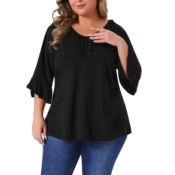 Agnes Orinda Women's Plus Size Ruffle 3/4 Sleeve V Neck Business Elegant Casual Tunic Dressy Top 4X Black