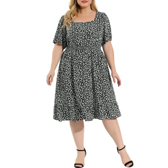 Agnes Orinda Women's Plus Size Ruffle Hem Short Sleeve Smocked Waist Floral Midi Shirtdress 2X Black
