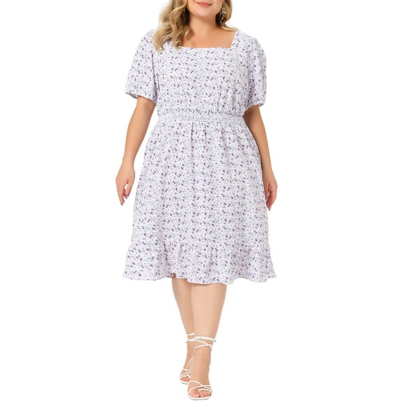 Agnes Orinda Women's Plus Size Ruffle Hem Short Sleeve Smocked Waist Floral Midi Shirtdress 2X Purple