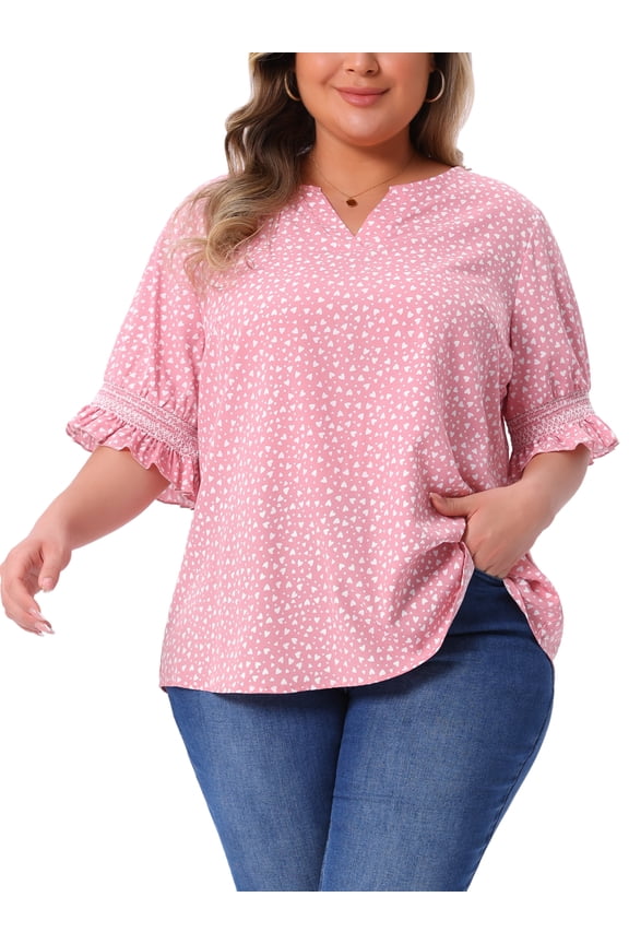 Women's Plus Size Blouses Pin Dots V Neck Ruffle Short Sleeve Spring Summer Boho Tops 2X Pink