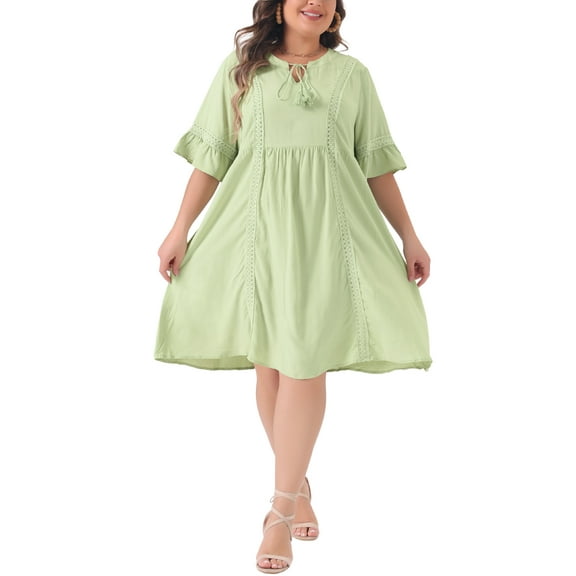 Agnes Orinda Women's Plus Size Ruffle Sleeve Lace Insert Tassel Bohemian Midi Dress 2X Light Green