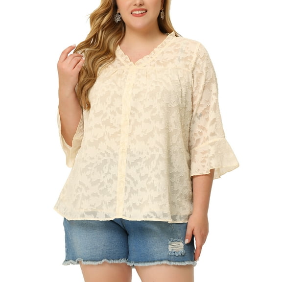 Agnes Orinda Women's Plus Size Ruffle V Neck 3/4 Flare Sleeve Semi Sheer Blouse 4X Apricot