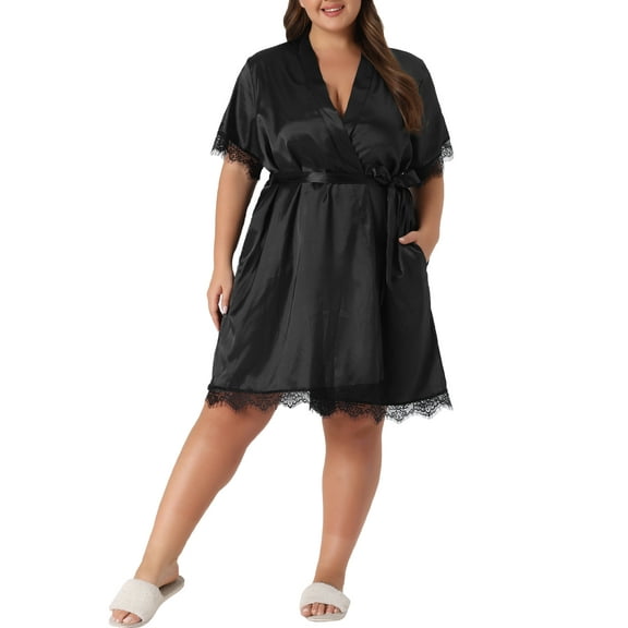 Agnes Orinda Women's Plus Size Satin Lace Floral Tie Front Nightgown with Pocket 2X Black