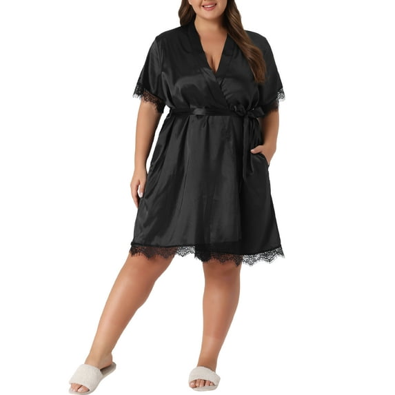 Agnes Orinda Women's Plus Size Satin Lace Floral Tie Front Nightgown with Pocket 2X Black