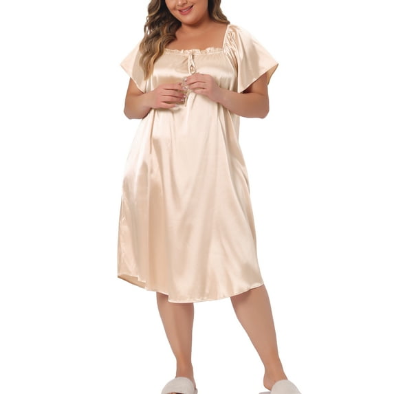 Agnes Orinda Women's Plus Size Satin Silk Nightgown Pleated Loose Sleepwear Nightshirt Sleep Dresses 1X Champagne