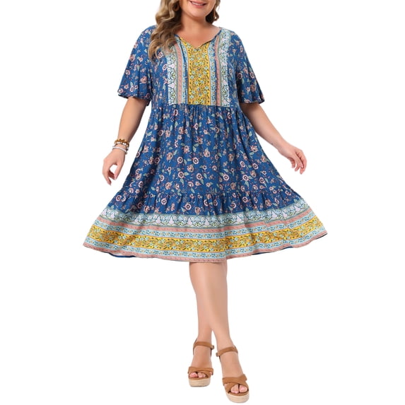 Agnes Orinda Women's Plus Size School College Boho Floral Dresses Flowy Tie Crew Neck Short Sleeve Summer Beach Casual Midi Sun Dress 1X Blue
