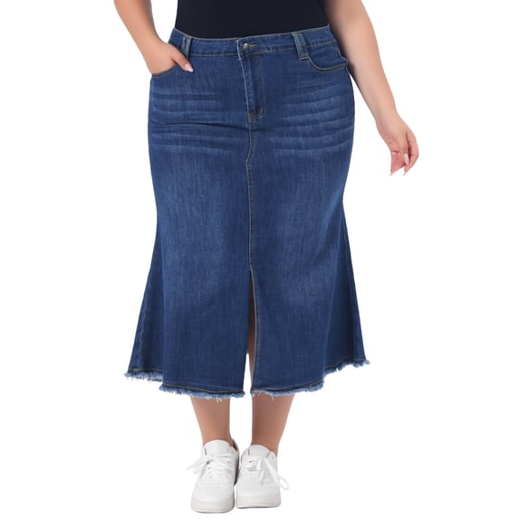 Agnes Orinda Women's Plus Size School College Fishtail Jean Skirts Vintage High Waist Raw Hem Front Slit Casual Midi Denim Skirt with Pockets 1X Dark Blue