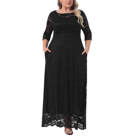 Agnes Orinda Women's Plus Size School College Flowy Dresses Floral Lace Scoop Neck 3/4 Sleeves Evening Wedding Cocktail Maxi Dress 5X Black-1