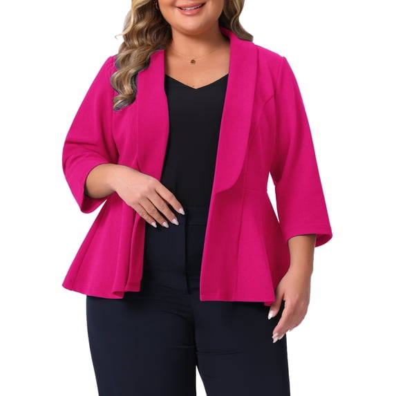 Agnes Orinda Women's Plus Size School College Lapel 3/4 Sleeves Peplum Open Front Casual Business Blazers 2X Hot Pink