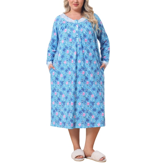 Agnes Orinda Women's Plus Size School College Nightgown Lace Trim Floral V Neck Long Sleeve Sleepwear Soft Chemise Lounge Nightdress Nightie 2X Blue