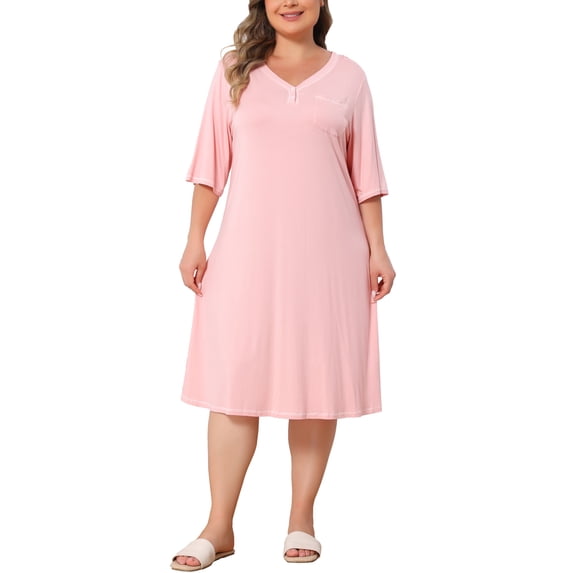 Agnes Orinda Women's Plus Size School College Sleepshirts V Neck Short Sleeve Loose Nightgowns Button Decor Casual Pajamas 4X Pink