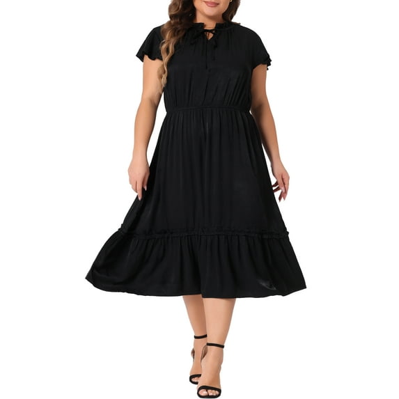 Agnes Orinda Women's Plus Size Self Tie Flutter Short Cap Sleeve Ruffle Midi Dresses 1X Black