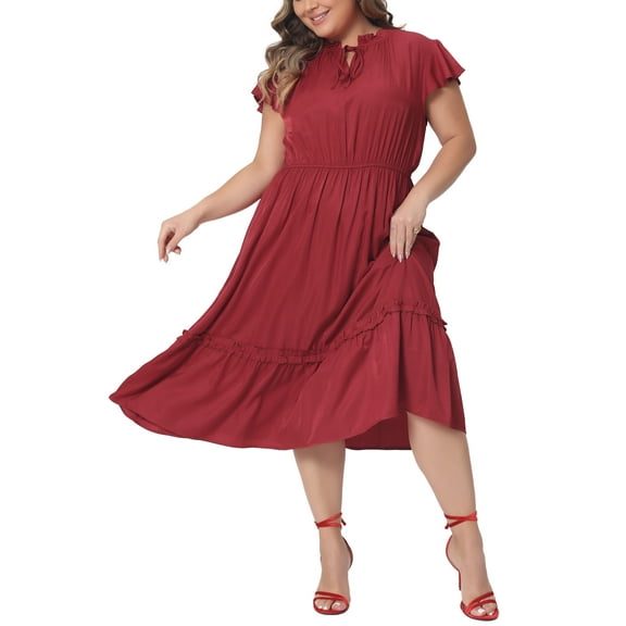 Agnes Orinda Women's Plus Size Self Tie Flutter Short Cap Sleeve Ruffle Midi Dresses 2X Red