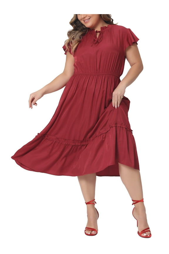 Women's Plus Size Self Tie Flutter Short Cap Sleeve Ruffle Midi Dresses 2X Red