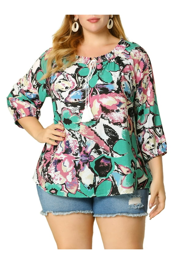 Women's Plus Size Self Tie Neck 3/4 Sleeves Floral Colorful Blouse 1X Green