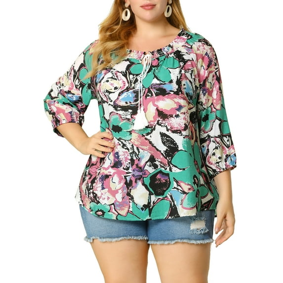 Agnes Orinda Women's Plus Size Self Tie Neck 3/4 Sleeves Floral Colorful Blouse 2X Green