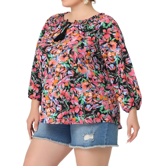 Agnes Orinda Women's Plus Size Self Tie Neck 3/4 Sleeves Floral Colorful Blouse 4X Black