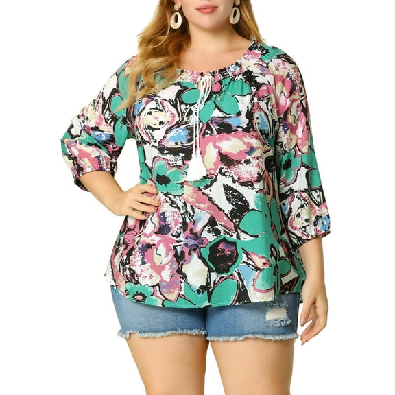 Agnes Orinda Women's Plus Size Self Tie Neck 3/4 Sleeves Floral Colorful Blouse 4X Green