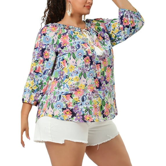 Agnes Orinda Women's Plus Size Self Tie Neck 3/4 Sleeves Floral Colorful Blouse 1X Colorful Floral Color