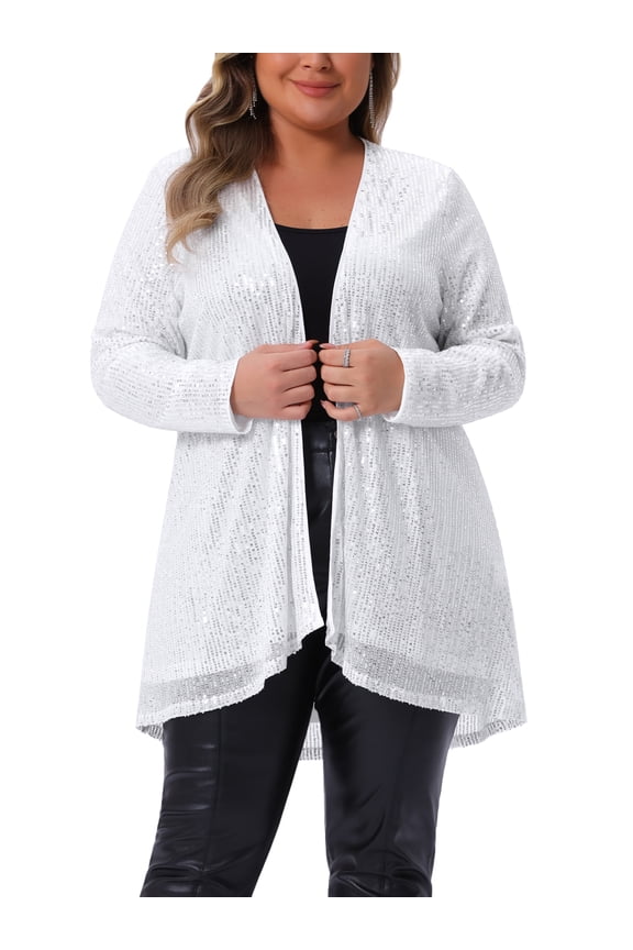 Women's Plus Size Sequin Cardigans Sparkly Open Front Long Sleeve Outerwear Coat Glitter Jacket 4X Silver