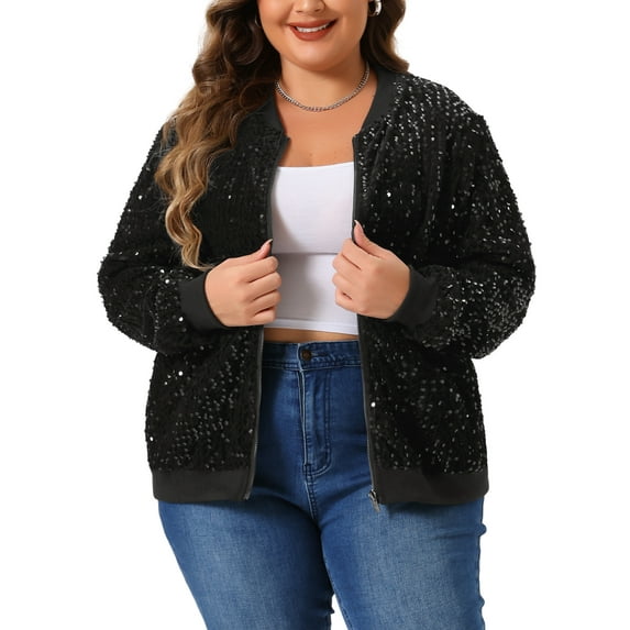 Agnes Orinda Women's Plus Size Sequin Jacket Sparkle Long Sleeve Front Zip Bomber Jackets 1X Black
