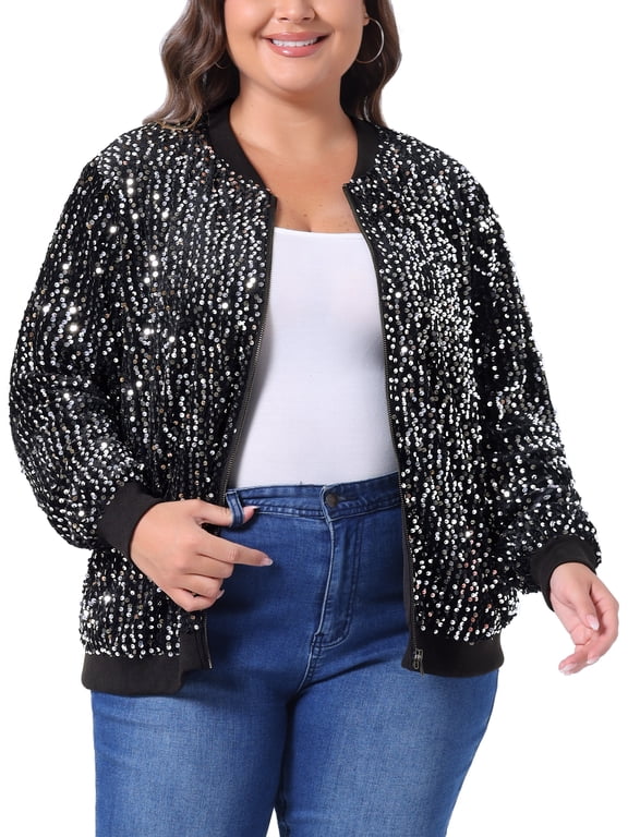 Women's Plus Size Sequin Jacket Sparkle Long Sleeve Front Zip Bomber Jackets 1X Silver