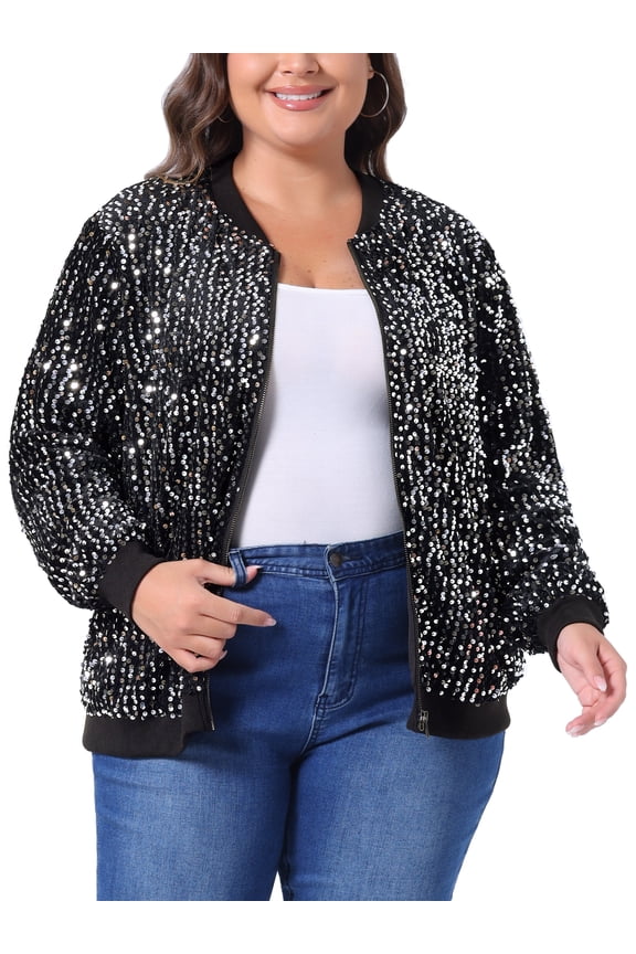 Women's Plus Size Sequin Jacket Sparkle Long Sleeve Front Zip Bomber Jackets 1X Silver