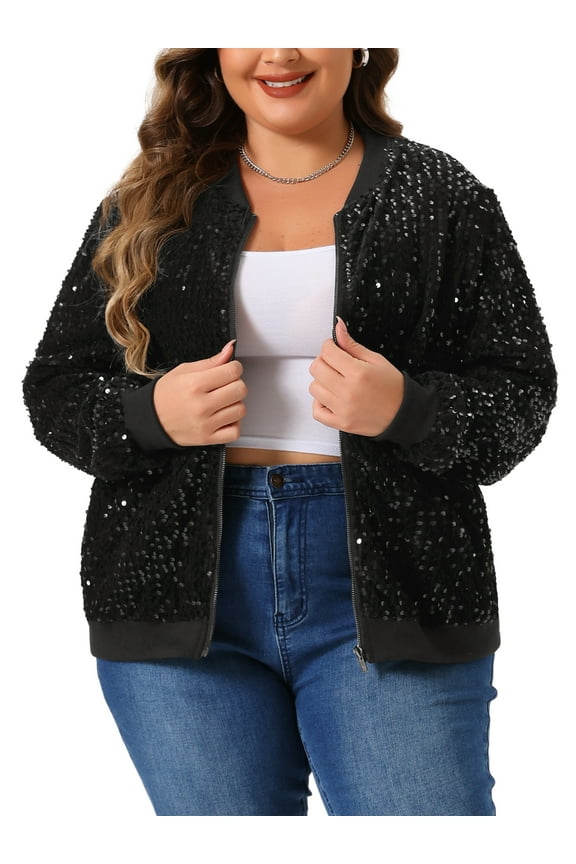 Women's Plus Size Sequin Jacket Sparkle Long Sleeve Front Zip Bomber Jackets 2X Black
