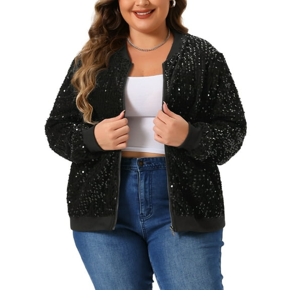 Agnes Orinda Women's Plus Size Sequin Jacket Sparkle Long Sleeve Front Zip Bomber Jackets 4X Black