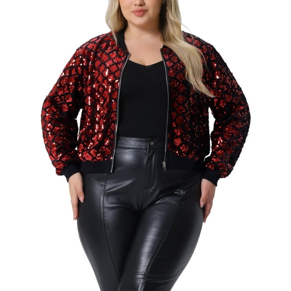 Agnes Orinda Women's Plus Size Sequin Jackets Long Sleeve Party Cropped Bomber 2X Red