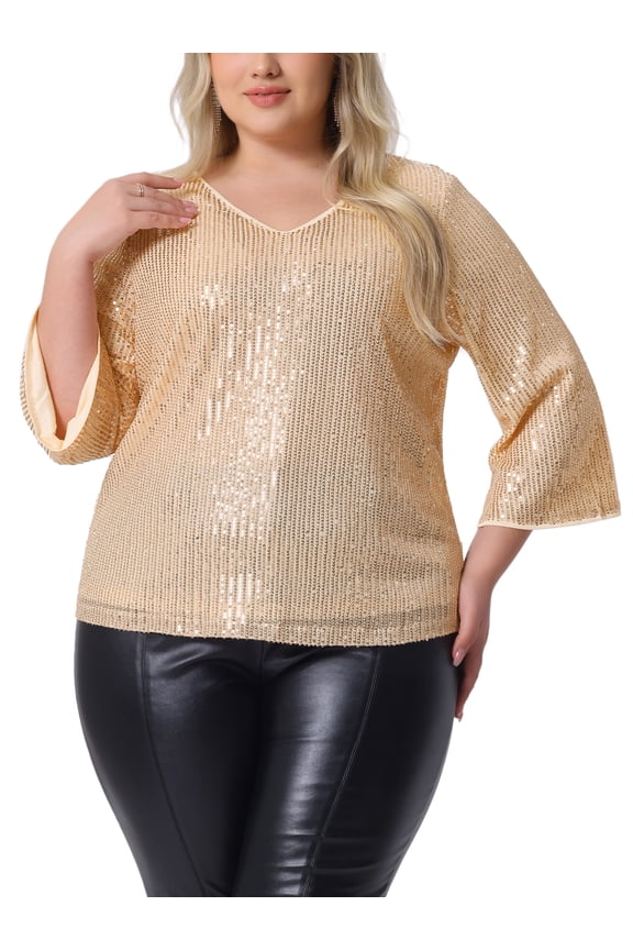 Women's Plus Size Sequin Top 3/4 Sleeve V Neck Glitter Evening Sparkle Shimmer Party Blouses 2X Champagne