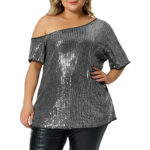 Agnes Orinda Women' s Plus Size Sequin Top Sparkly One Shoulder Short Sleeve Party Tops 1X Silver