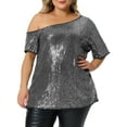 thumbnail image 1 of Agnes Orinda Women' s Plus Size Sequin Top Sparkly One Shoulder Short Sleeve Party Tops 4X Silver, 1 of 6
