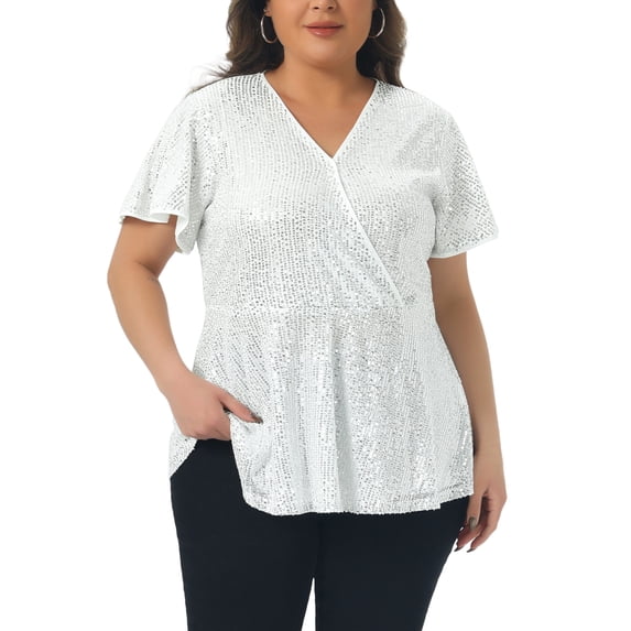 Agnes Orinda Women's Plus Size Sequin Tops Glitter Faux Wrap V Neck Short Sleeve Peplum Hem Party Metallic Sparkly Blouses 1X Silver