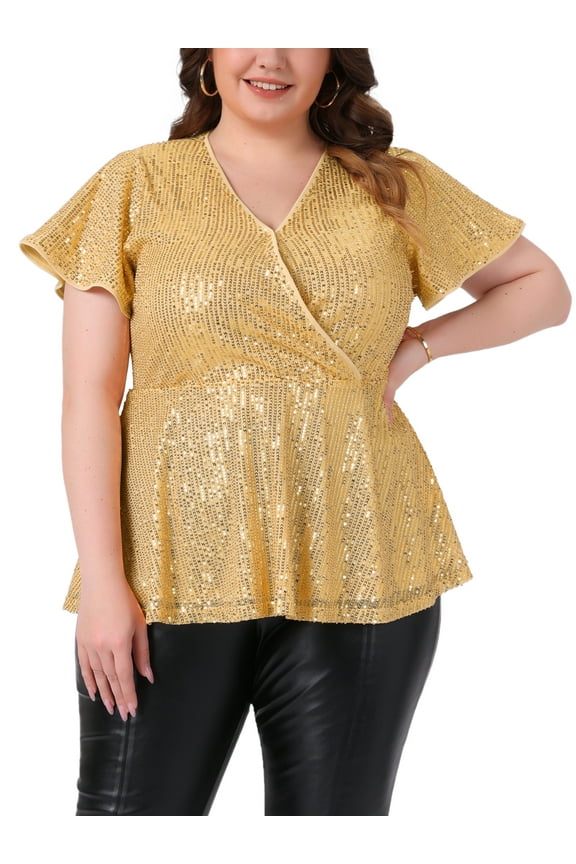 Women's Plus Size Sequin Tops Glitter Faux Wrap V Neck Short Sleeve Peplum Hem Party Metallic Sparkly Blouses 3X Gold